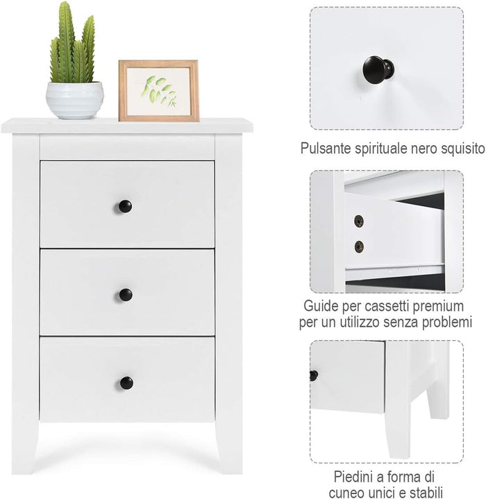 Comodino con 3 Cassetti, Cassettiera da Letto, Tavolino Spazioso con Struttura Resistente, per Salone e Camera da Letto, 46 x 37 x 65 cm (Bianco, 2 pezzo)