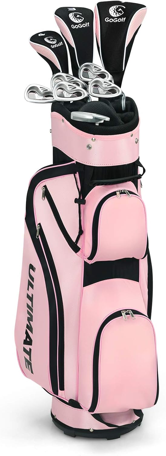 Set di Mazze da Golf per Donne, Include Driver in Lega di Alluminio, Legno da Fairway 3, Ibrido 4, Ferri 6, 7, 8 e 9, Putter, Sacca da Golf con Cinghie, Rosa, 24 x 24 x 115,5 cm