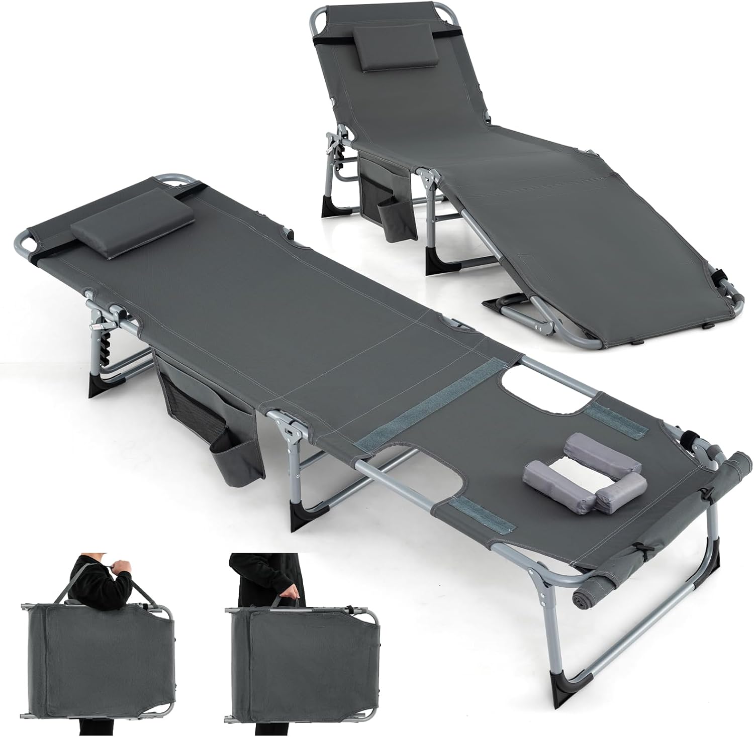 Lettino Prendisole Pieghevole, Lettino da Spiaggia con Schienale Regolabile, Poggiatesta, Cuscino e Tasca, Sedia a Sdraio per Giardino Piscina, Portata 180 kg (Grigio Scuro)