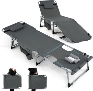 Lettino Prendisole Pieghevole, Lettino da Spiaggia con Schienale Regolabile, Poggiatesta, Cuscino e Tasca, Sedia a Sdraio per Giardino Piscina, Portata 180 kg (Grigio Scuro)