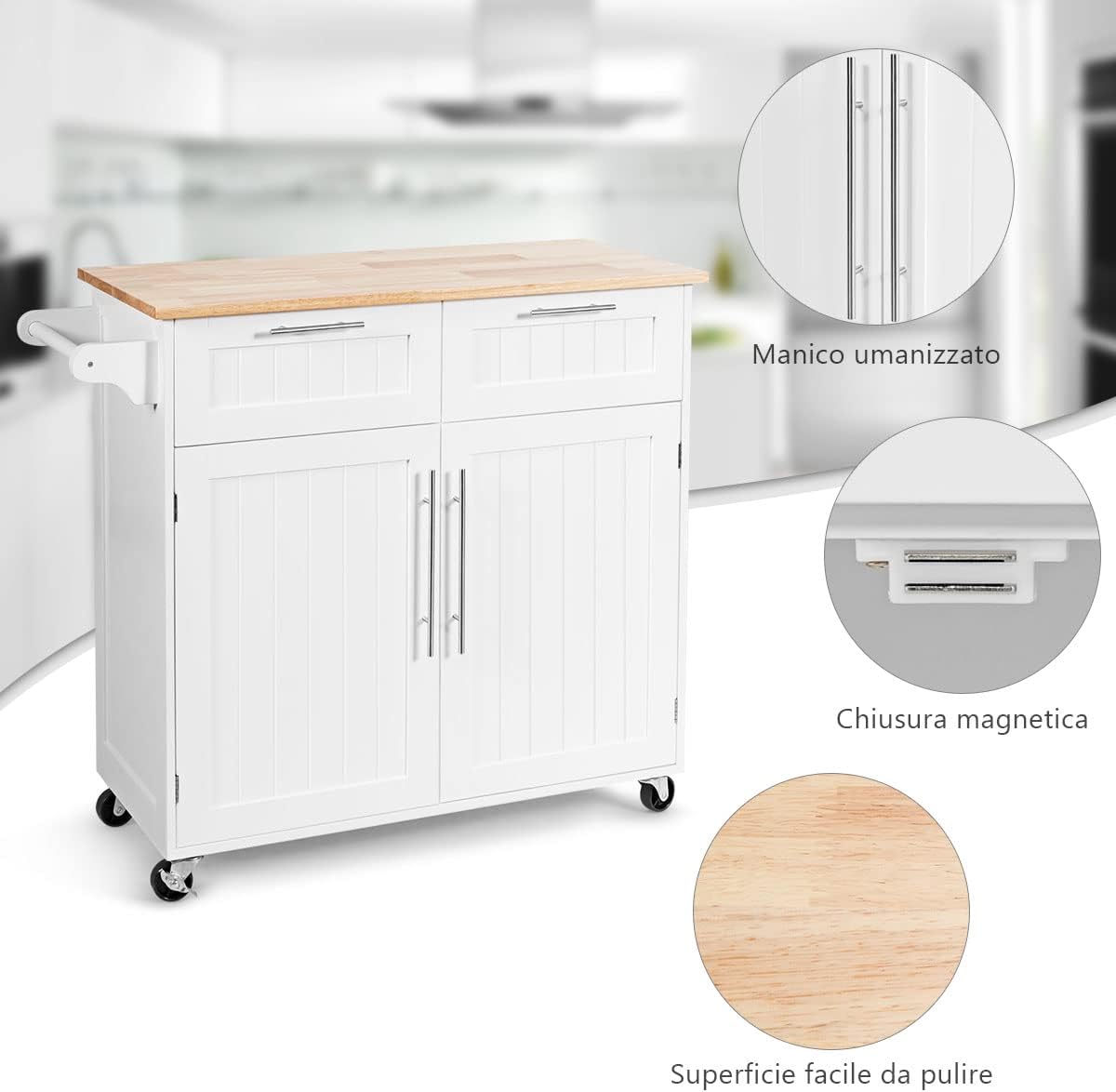 Carrello da Cucina, Isola da Cucina con Cassetti Portaoggetti e Armadietti, Ruote Universali e Portasciugamani, Ideale per Casa Ristorante Bar