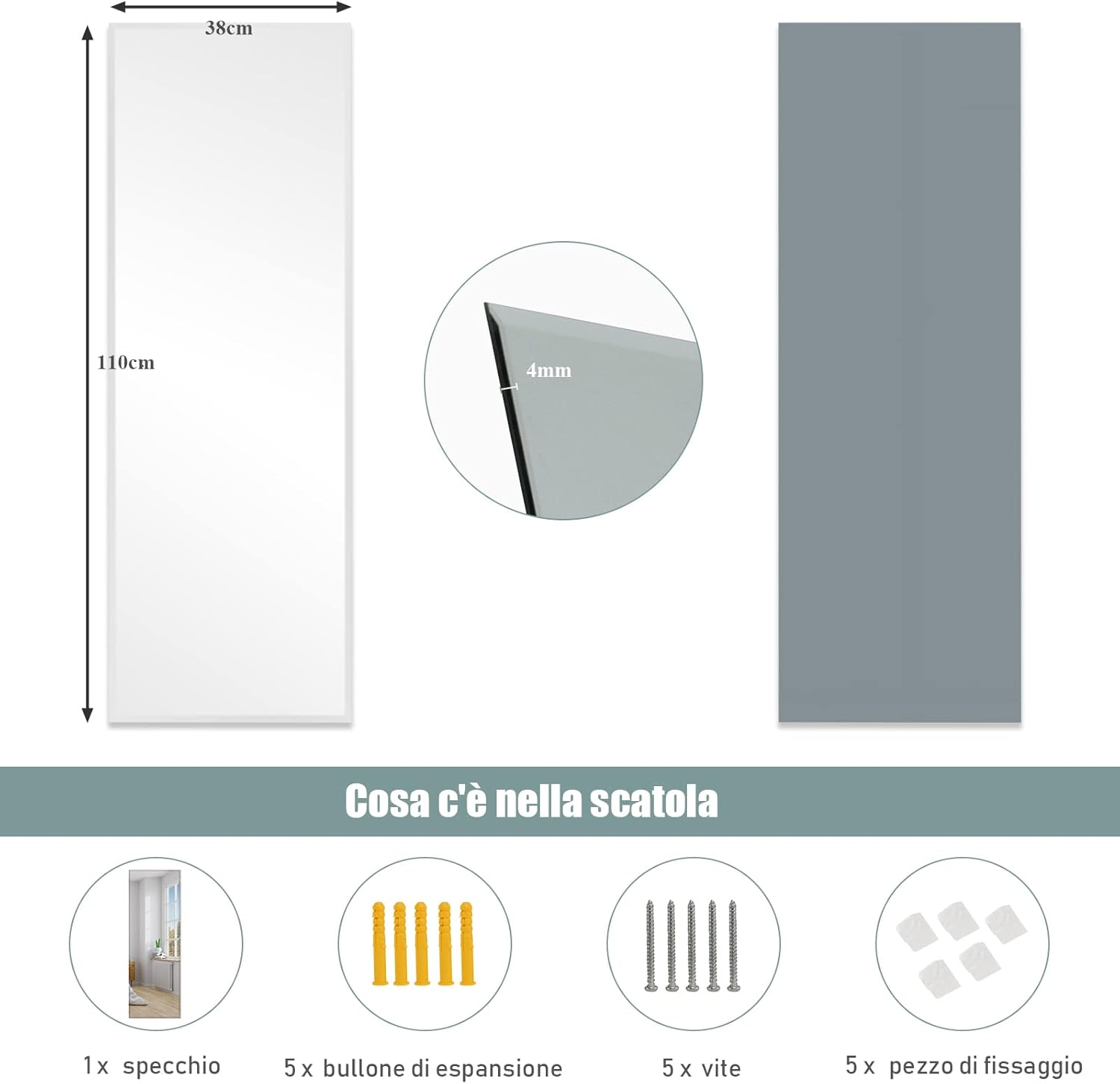 Specchio da Parete 110 x 38 cm, Specchio Rettangolare Montato a Parete, Specchio a Figura Intera per Guardaroba Corridoio Soggiorno