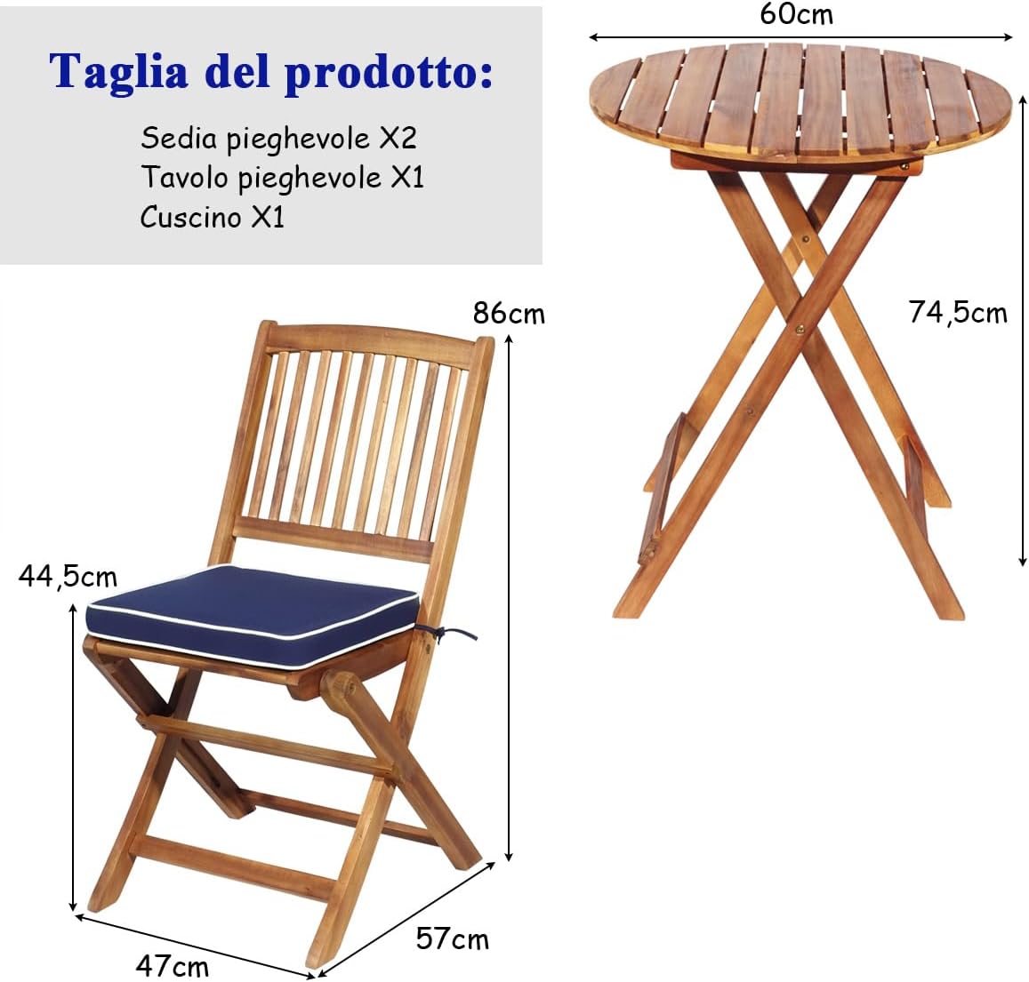 Set Tavolo e Sedie da Giardino, Set Mobili da Giardino Pieghevoli 3 Pezzi in Legno di Acacia, con Cuscini, Arredo Giardino per Giardino Terrazzo Balcone (Cuscini Blu)