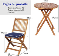 Set Tavolo e Sedie da Giardino, Set Mobili da Giardino Pieghevoli 3 Pezzi in Legno di Acacia, con Cuscini, Arredo Giardino per Giardino Terrazzo Balcone (Cuscini Blu)