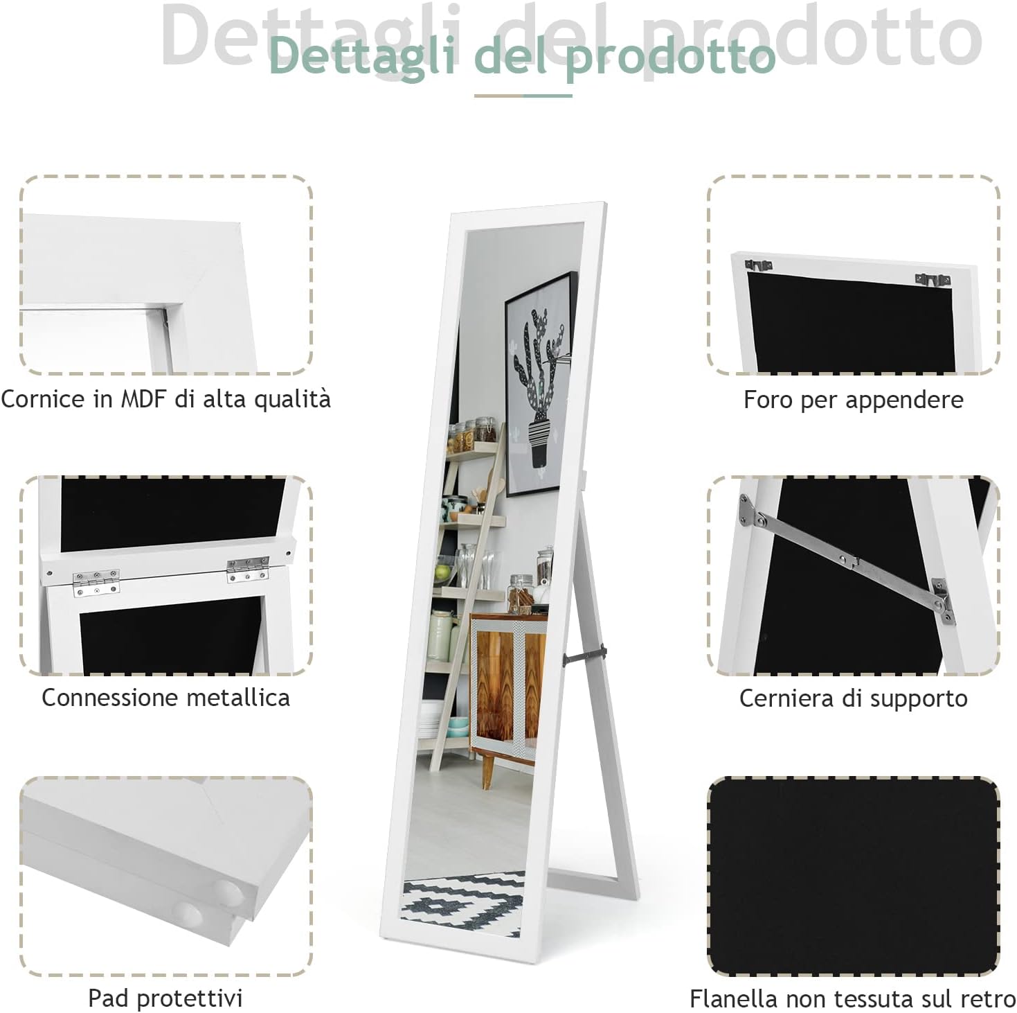 Specchiera da Terra Autoportante a Figura Intera, Specchio Rettangolare, in Legno (Bianco)