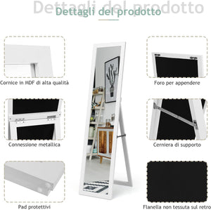 Specchiera da Terra Autoportante a Figura Intera, Specchio Rettangolare, in Legno (Bianco)