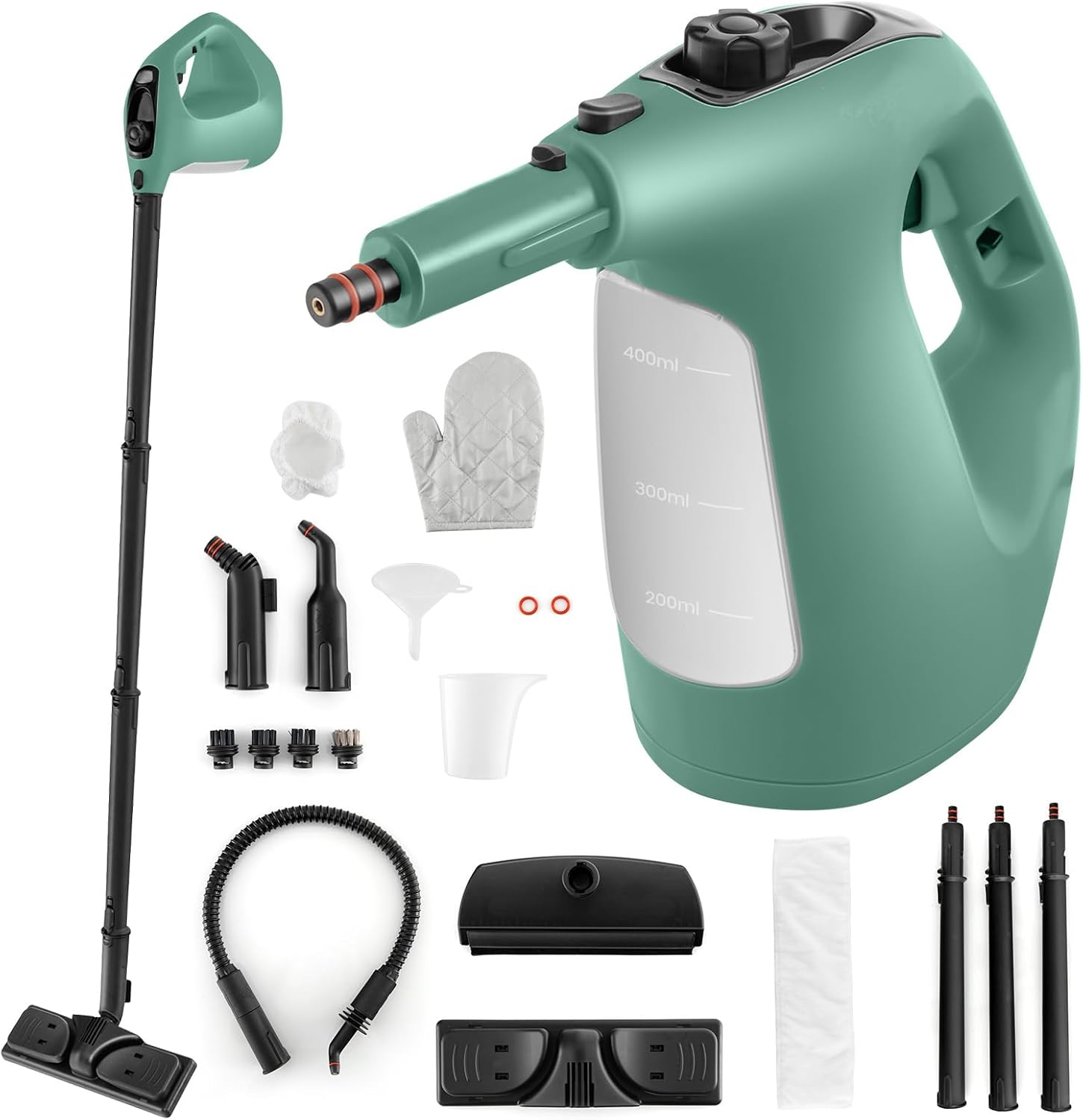 1500W Pulitore a Vapore Portatile, Macchina a Vapore con Serbatoio d'Acqua da 400 ml Blocco per Bambini e Kit di Accessori da 14 Pezzi, 33x13x24,5 cm (Verde)