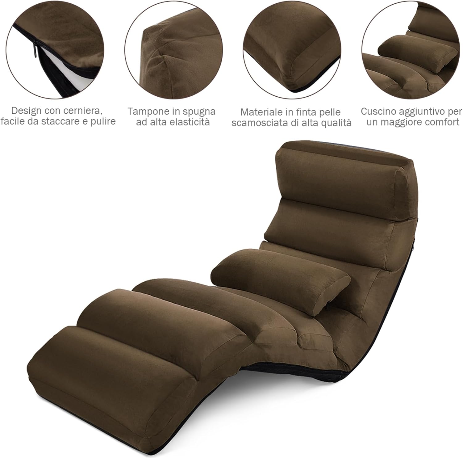 Sedia Pieghevole da Pavimento Portatile, Divano Imbottito, Regolabile in 5 Posizioni, Supporto per la Schiena, Ideale per Rilassarsi Leggere (Marrone)