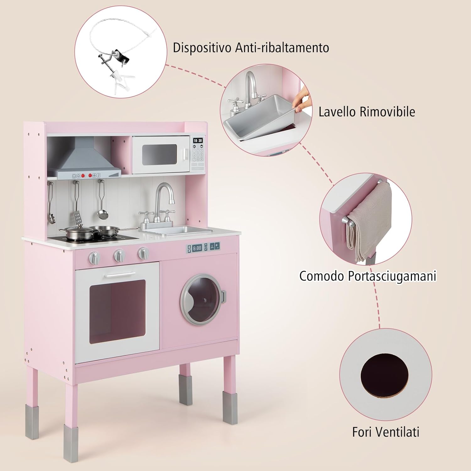 COSTWAYCucina Giocattolo con Cappa e Lavatrice, Cucina Giocattolo con Accessori Adorabili Suoni e Luci Reali, Set Cucina Chef in Legno per Bambini, Regalo per Età 3+ Rosa