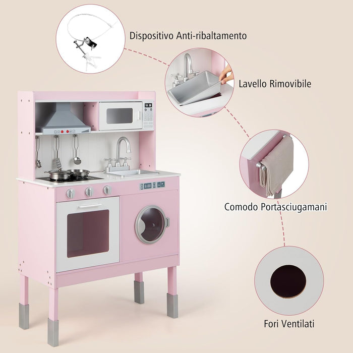 COSTWAYCucina Giocattolo con Cappa e Lavatrice, Cucina Giocattolo con Accessori Adorabili Suoni e Luci Reali, Set Cucina Chef in Legno per Bambini, Regalo per Età 3+ Rosa