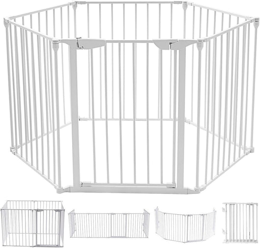 Cancelletto Pieghevole in Ferro per Camino e Scale, Cancello con 6 Pannelli per Bambini, Cani e Gatti, Barriera Protettiva da Interno ed Esterno, 2 Colori Disponibili, 380 x 74,5cm (Bianco)