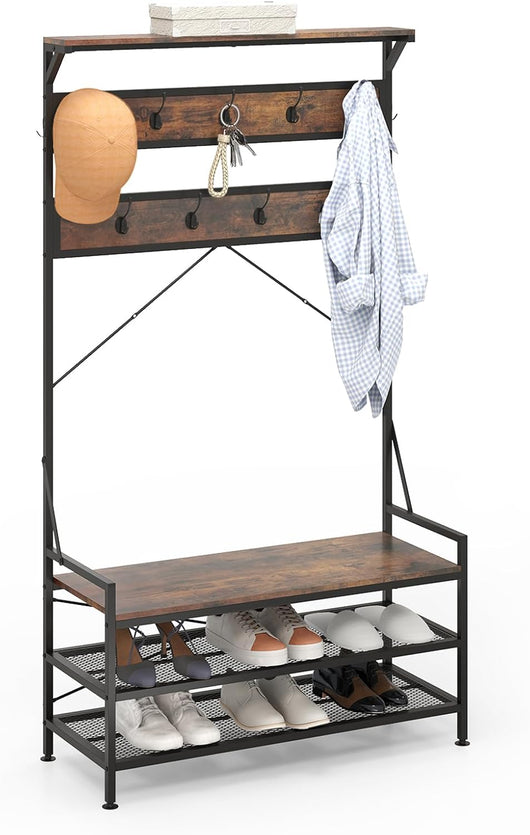 4 in 1 Appendiabiti da Ingresso, Armadio con Panca per Scarpe Scarpiera a 2 Ripiani, Struttura in Metallo e Kit Antivibrazione, 102 x 40 x 184 cm (Marrone)