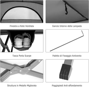 Tenda da Campeggio 4 in 1 con Letti, Copertura Esterna Impermeabile, Materasso a Gonfiaggio Automatico e Borsa di Trasporto con Rotelle, per Campeggio Arrampicata All'aperto Viaggio, Grigio