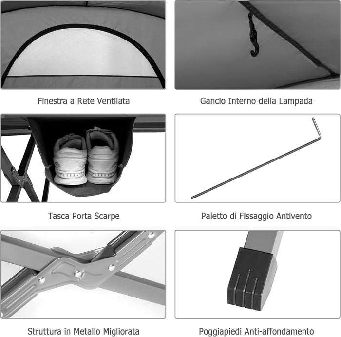 Tenda da Campeggio 4 in 1 con Letti, Copertura Esterna Impermeabile, Materasso a Gonfiaggio Automatico e Borsa di Trasporto con Rotelle, per Campeggio Arrampicata All'aperto Viaggio, Grigio