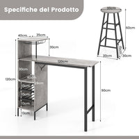 Set 3 Pezzi Tavolo e Sedie da Bar, Tavolo e Sgabelli da Pub Industriale con Porta Calici e 6 Portabottiglie da Vino, Set di Tavolo per Sala da Pranzo, Ristorante e Bar (Grigio)