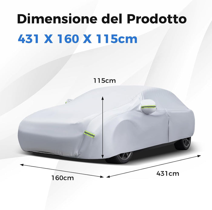 Copertura Auto con Porta a Zip, Serratura, Copertura per Auto con Strisce Riflettenti, Copertura Universale per Esterni per Auto (431 X 160 X 115cm)