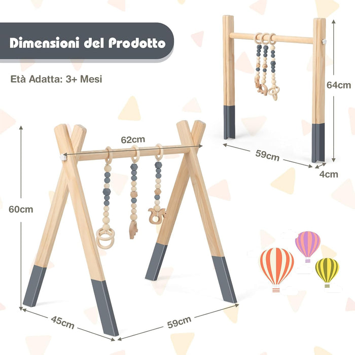 Palestrina per Bambini, Palestrina con Giocattoli per Dentizione Sviluppo Cerebrale Stimolazione Sensoriale, Pieghevole, in Legno, per Bambini 3+ Mesi (Grigio)