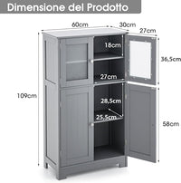 Armadietto del Bagno con 4 Ante, Armadietto con Ante di Vetro, Credenza di Legno con Mensole Regolabili, Organizer Multiuso per Casa Corridoio Salone Ufficio (Grigio)