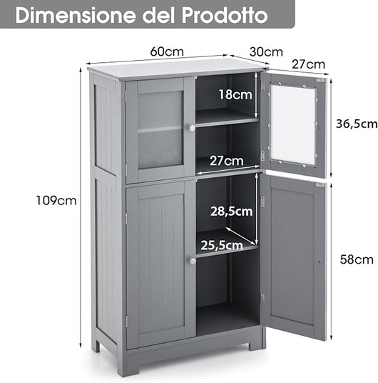 Armadietto del Bagno con 4 Ante, Armadietto con Ante di Vetro, Credenza di Legno con Mensole Regolabili, Organizer Multiuso per Casa Corridoio Salone Ufficio (Grigio)