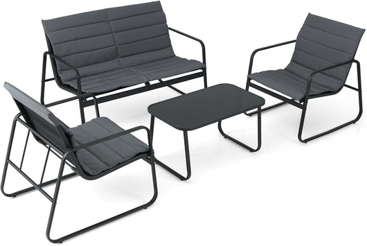 Set di 4 mobili da giardino per esterni, con tavolino e 2 sedie, sedia da giardino con cuscino rimovibile, per 4 persone, per balcone, giardino e piscina (4 pezzi, nero)