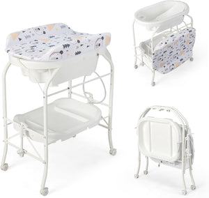 Fasciatoio con Vaschetta per Bambini, Vasca da Bagno per Neonati, Fasciatoio Pieghevole con Materassino, Cestino Portaoggetti, Ruote con Freno, Portata 35kg+15kg (Bianco)