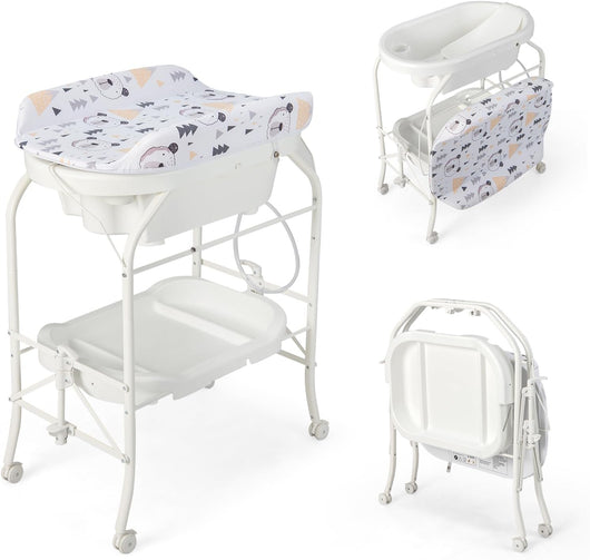 Fasciatoio con Vaschetta per Bambini, Vasca da Bagno per Neonati, Fasciatoio Pieghevole con Materassino, Cestino Portaoggetti, Ruote con Freno, Portata 35kg+15kg (Bianco)