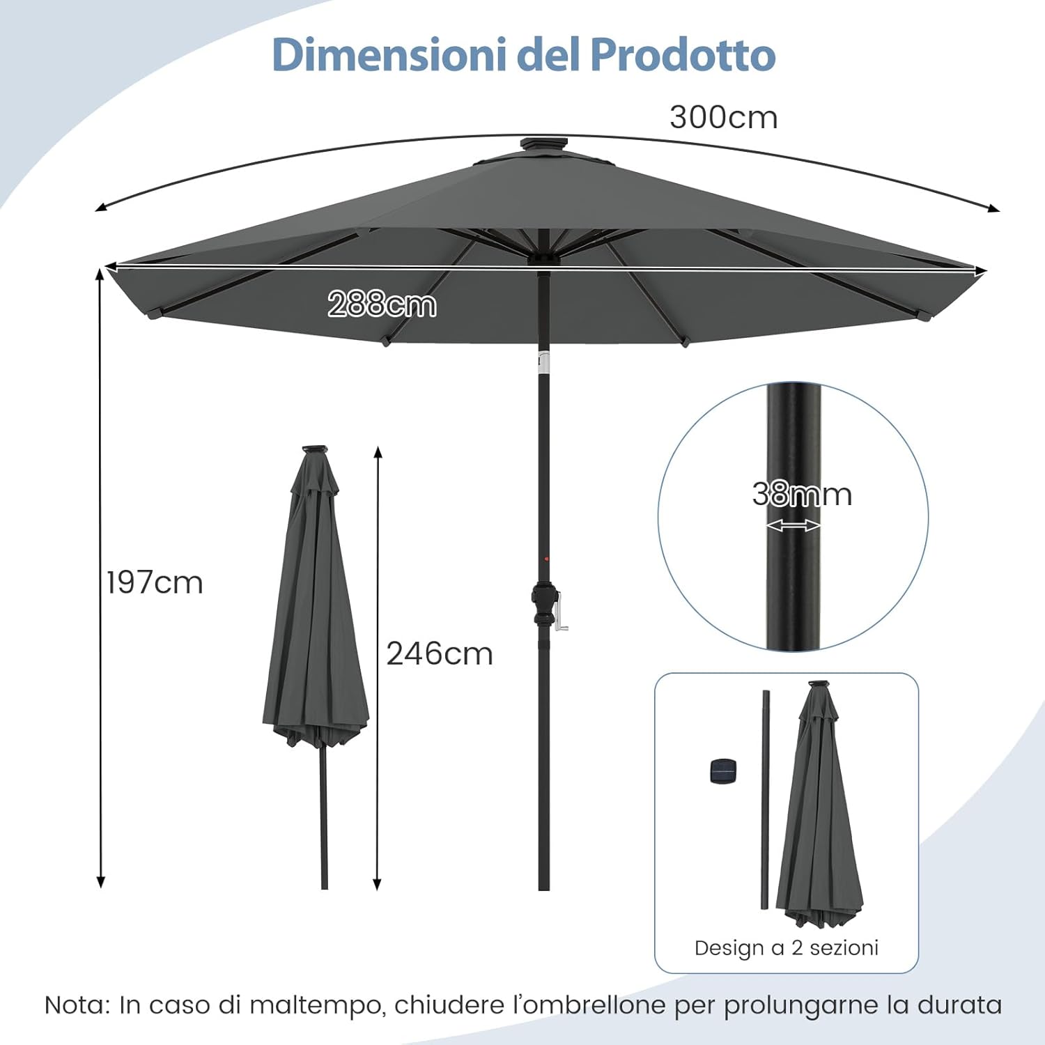 Ombrellone da Esterno 288 cm, con 96 Luci LED, Ombrellone Giardino con Inclinazione Regolabile, Manovella, 8 Stecche e Top Ventilato, Parasole da Mercato per Giardino Spiaggia (Grigio)