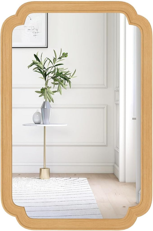 Specchio da Parete Rettangolare 90 x 60 cm, Specchio Decorativo ad Arco con Angoli Arrotondati, per Bagno Soggiorno Ingresso, Montaggio Verticale o Orizzontale, Naturale