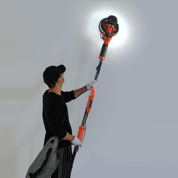 Levigatrice per Muro a Secco 750W, Levigatrice Elettrico per Cartongesso Pieghevole Estensibile, Velocità Regolabile 800-1750RPM, con Luci LED e 12 Dischi Abrasivi