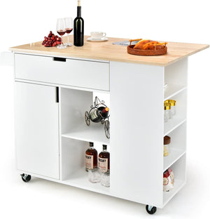 Carrello da Cucina con Cassetto, Carrello Servizio con Ripiano Aperto e Pieghevole, Carrello Multiuso con Ruote e Portasciugamani, 124x76x92 cm (Bianco)