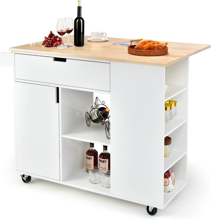 Carrello da Cucina con Cassetto, Carrello Servizio con Ripiano Aperto e Pieghevole, Carrello Multiuso con Ruote e Portasciugamani, 124x76x92 cm (Bianco)