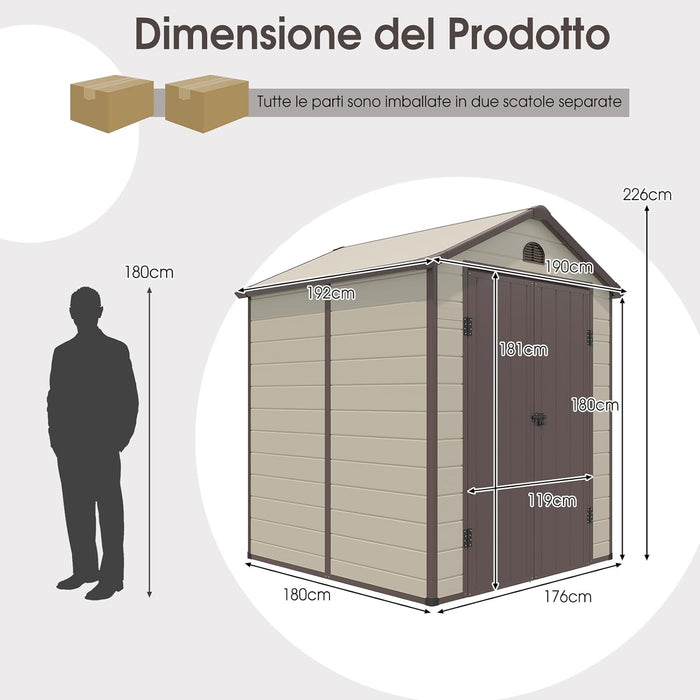 Capanni da Esterno, Casetta Porta Attrezzi da Giardino in PVC con Sfiati, Finestra, Porta con Cerniera, Capanni Resistente alle Intemperie da Giardino e Fattoria, 192 x 190 x 226 cm