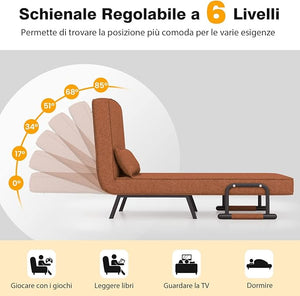 4 in 1 Poltrona Letto Singolo, Poltroncina Pieghevole con Schienale Regolabile in 6 Posizioni, Sedile Imbottito Robusto, Divano Letto per Casa Ufficio, 79x65x79 cm (Caffè)