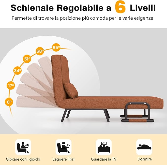 4 in 1 Poltrona Letto Singolo, Poltroncina Pieghevole con Schienale Regolabile in 6 Posizioni, Sedile Imbottito Robusto, Divano Letto per Casa Ufficio, 79x65x79 cm (Caffè)