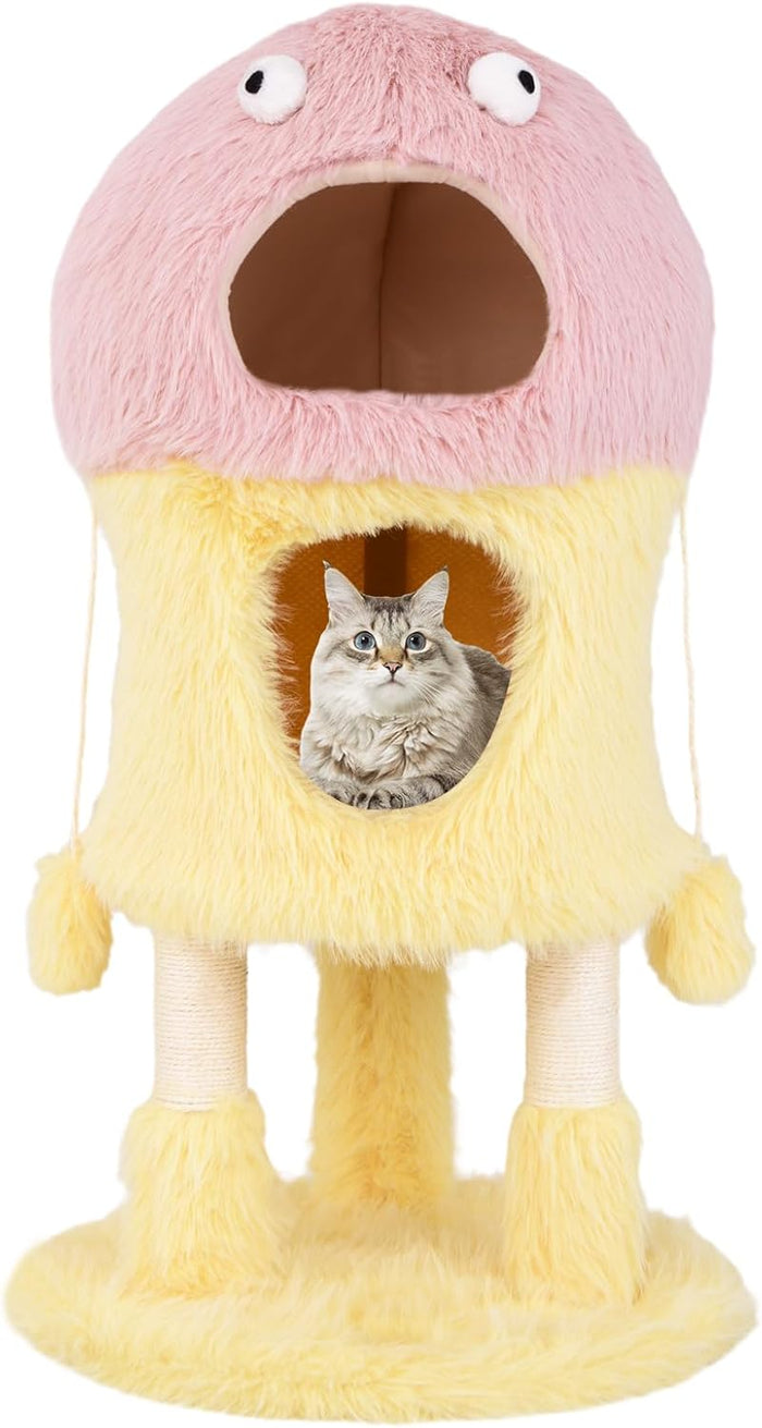 Tiragraffi per Gatti 93 cm, Torre di Gatti a Tema Mostro, Piuma Morbida e Lunga, Palo per Graffio in Sisal e Giocattoli Pendenti, Centro Attività per Gattini a 3 Livelli