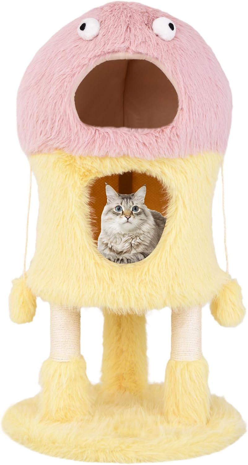 Tiragraffi per Gatti 93 cm, Torre di Gatti a Tema Mostro, Piuma Morbida e Lunga, Palo per Graffio in Sisal e Giocattoli Pendenti, Centro Attività per Gattini a 3 Livelli