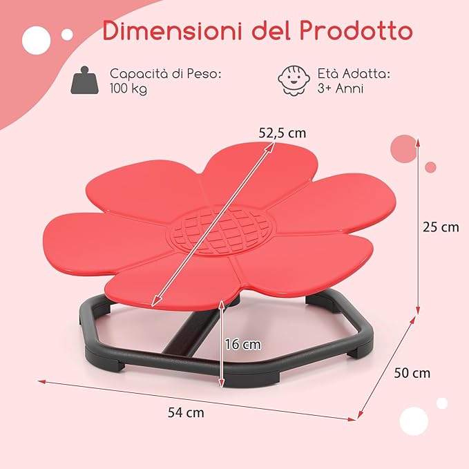 Sedia Girevole a 360° per Bambini, Sedia Sensoriale con Base in Metallo Antiscivolo per Allenare la Coordinazione Fisica e l'Equilibrio, Giocattolo per Cameretta (Rosso,Fiore)