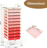 Carrello con 10 Cassetti da Stoccaggio, Cassettiera di Metallo e Plastica, Contenitore Multiuso con Ruote a Freno, per Casa e Ufficio (Rosa sfumata)