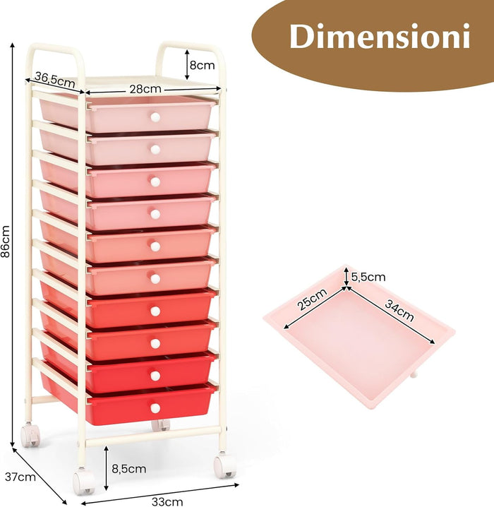 Carrello con 10 Cassetti da Stoccaggio, Cassettiera di Metallo e Plastica, Contenitore Multiuso con Ruote a Freno, per Casa e Ufficio (Rosa sfumata)