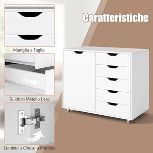 Mobiletto con 5 Cassetti e Anta, Cassettiera per Documenti con 5 Ruote e Ripiano Regolabile, per Soggiorno, Ufficio e Cucina, 79 x 40 x 65 cm (Bianco)
