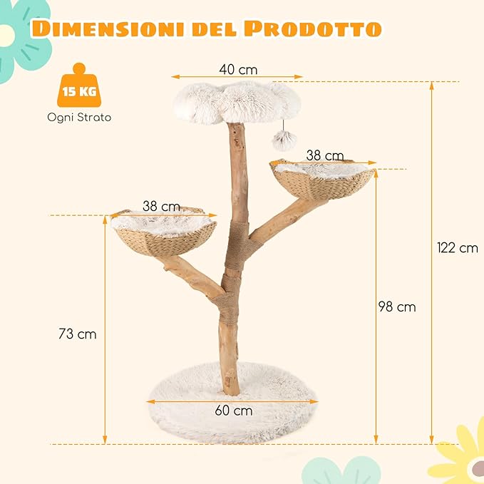 Albero per Gatti, Tiragraffi per Gattini Alta 122 cm con Ramo in Legno con Piattaforma a Fiore, 2 Cesti in Rattan, Pali Tiragraffi in Juta e Pallina Pendente, Mobile per Gatti da Interno