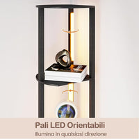 Lampada da Terra Moderna con Mensole, Lampada a Stelo in Legno con 4 Strisce LED Ruotabili, Luminosità Regolabile e Interruttore a Pedale, Scaffale a 4 Ripiani con Luce per Casa