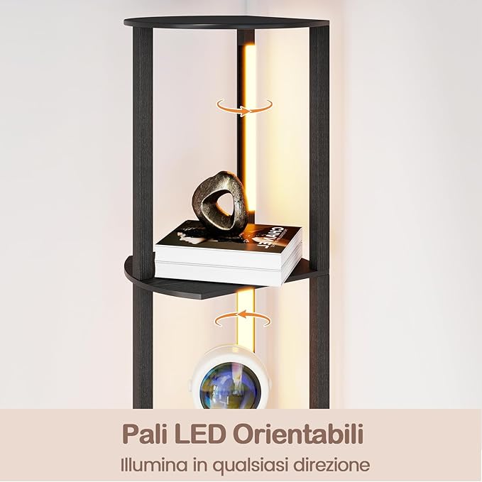 Lampada da Terra Moderna con Mensole, Lampada a Stelo in Legno con 4 Strisce LED Ruotabili, Luminosità Regolabile e Interruttore a Pedale, Scaffale a 4 Ripiani con Luce per Casa