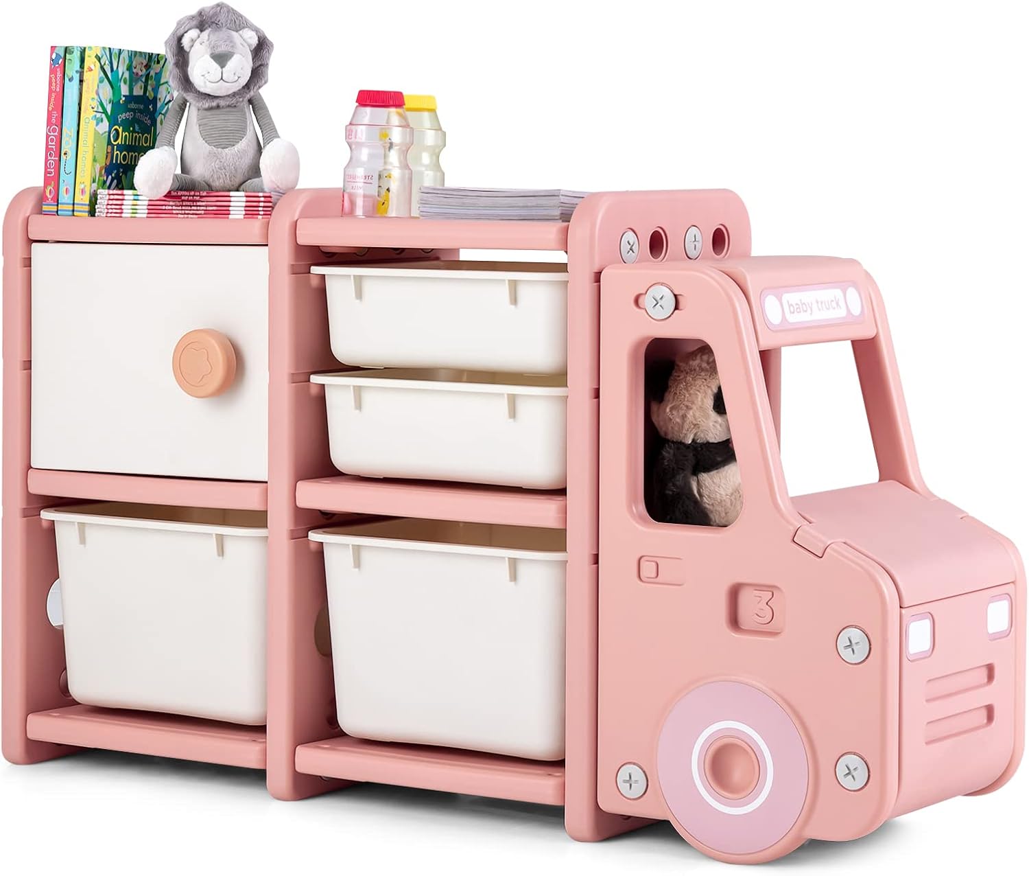 Organizer per Giocattoli con Scatole per Bambini, Scaffale Multilivello in HDPE a Forma di Camion, Scaffale per Giocattoli con 2 Livelli e 4 Scompartimenti per Bambini (Rosa)