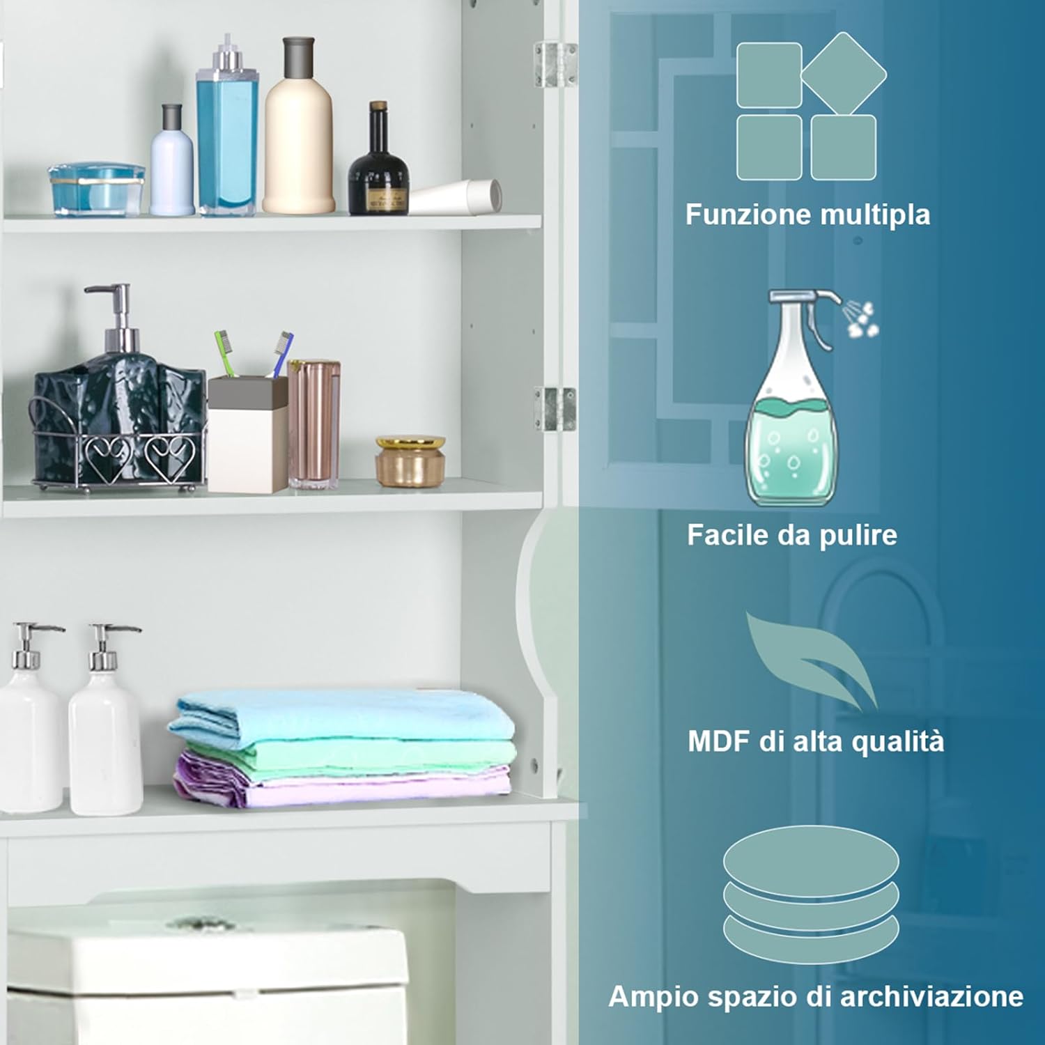 Mobile per Lavatrice, Organizzatore Bagno con 3 Mensole, Scaffale per Bagno con Mensola Interna Regolabile e 2 Ante, Salva Spazio per il Bagno (Bianco)