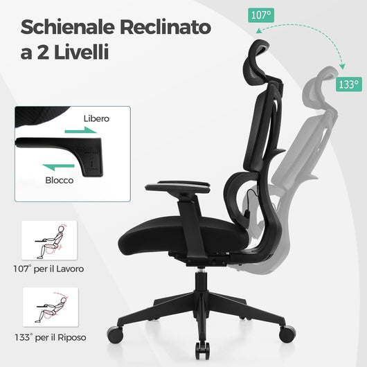 Sedia da Ufficio Ergonomica, Sedia da Scrivania Regolabile e Inclinabile, Sedia Girevole in Rete Traspirante, con Poggiatesta e Braccioli Regolabili, 72 x 72 x 117-126,5 cm