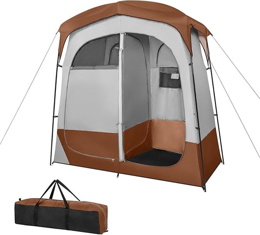 Tenda Spogliatoio da Esterno a 2 Stanze, Tenda da Doccia da Campeggio con Parapioggia Rimovibile, Stendibiancheria e Borsa, Tenda per WC Doccia per Campeggio, Spiaggia e Pesca(Marrone)