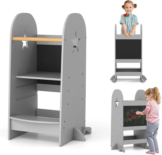 3-in-1 Torre Montessoriana per Bambini Regolabile in Altezza su 3 Livelli, Torre di Apprendimento con Doppia Lavagna, Pedane Alzabimbo con Protezione, per Cucina e Bagno, da 36 Mesi, Grigio