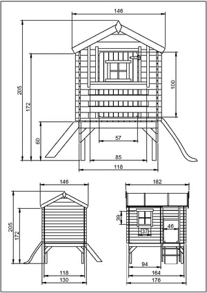 Casetta per bambini in legno con scivolo - L182xL146xA205cm/ 1.1m2 - Timbela M501C