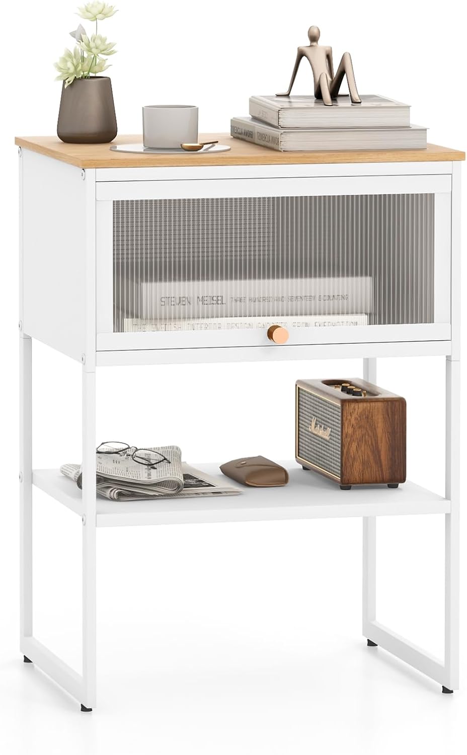 Tavolino con Anta a Ribalta, Tavolino da Divano o Letto a 3 Livelli con Ripiano di Archiviazione, Comodino Moderno per Soggiorno e Camera da Letto, 40 x 32 x 56 cm (Bianco)